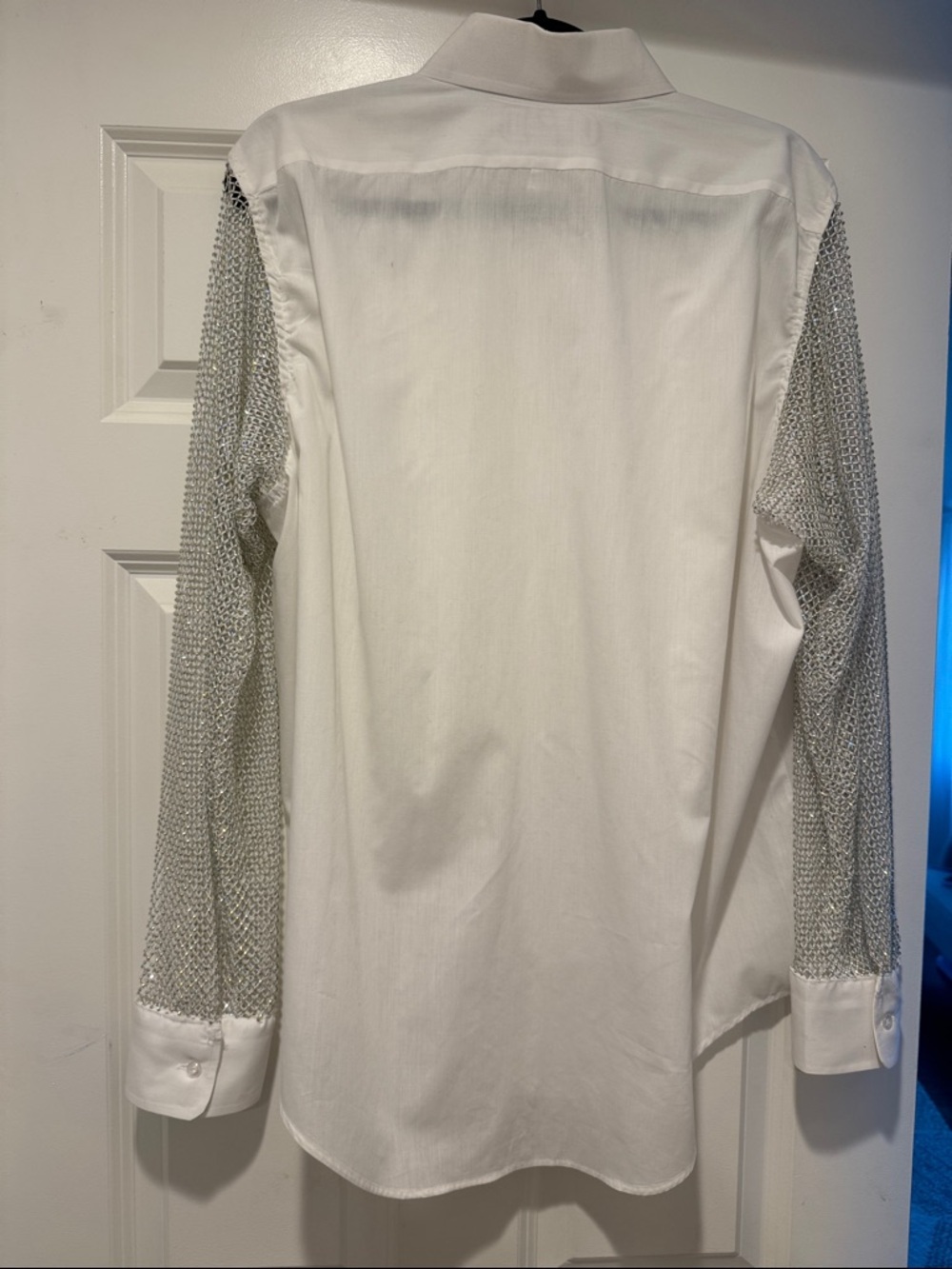 OPD New York White Button Down Women's Shirt with Silver Mesh Sleeves - Picture 2 of 4